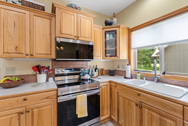 325 Hogans Way, Chewelah, WA 99109 - kitchen with stainless steel appliances, a sink, light countertops, and glass insert cabinets