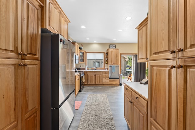 325 Hogans Way, Chewelah, WA 99109 - kitchen featuring freestanding refrigerator, electric range, recessed lighting, open shelves, and light countertops