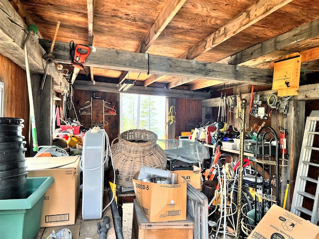 garage with wood walls