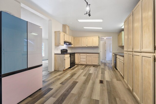 4087 Hesseltine Rd, Valley, WA 99181 - kitchen featuring freestanding refrigerator, under cabinet range hood, light brown cabinets, electric range, and lofted ceiling with skylight