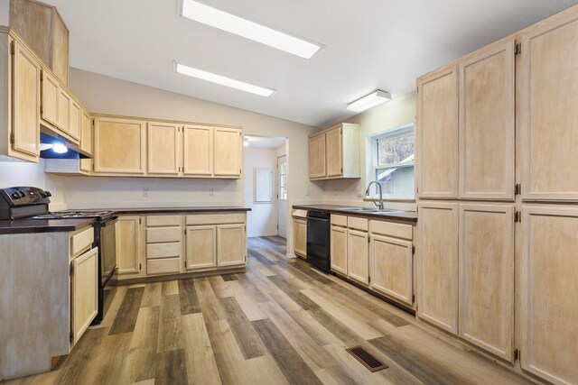 4087 Hesseltine Rd, Valley, WA 99181 - kitchen with a sink, light brown cabinetry, black appliances, and visible vents