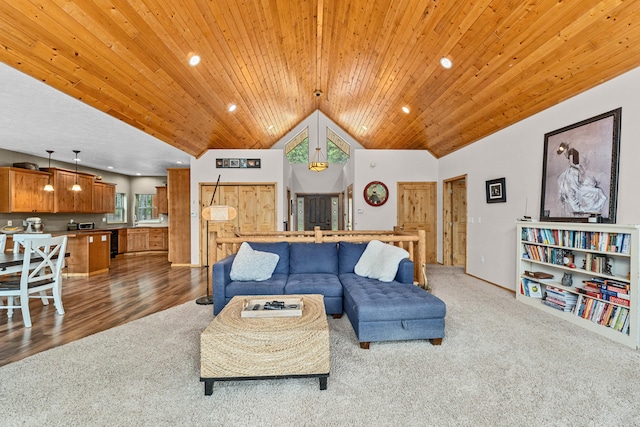 1157 Orin-Rice Rd, Colville, WA 99114 - carpeted living area with vaulted ceiling, wooden ceiling, and recessed lighting