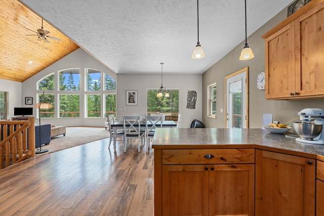 1157 Orin-Rice Rd, Colville, WA 99114 - kitchen with open floor plan, a peninsula, wood finished floors, pendant lighting, and dark countertops