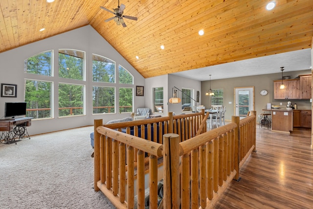 1157 Orin-Rice Rd, Colville, WA 99114 - living room with high vaulted ceiling, ceiling fan, wooden ceiling, recessed lighting, and wood finished floors