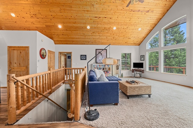 1157 Orin-Rice Rd, Colville, WA 99114 - living area with wood ceiling, high vaulted ceiling, recessed lighting, and carpet flooring