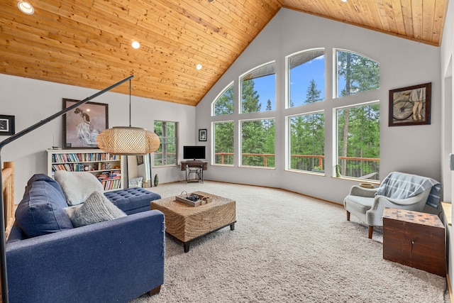1157 Orin-Rice Rd, Colville, WA 99114 - living room featuring high vaulted ceiling, carpet floors, and wood ceiling