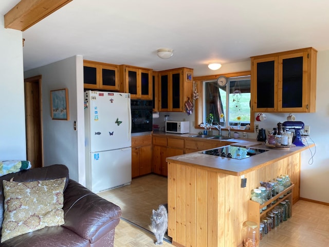 3164 Denney Ranch Way, Kettle Falls, WA 99141 - kitchen featuring black appliances, a sink, a peninsula, glass insert cabinets, and light countertops