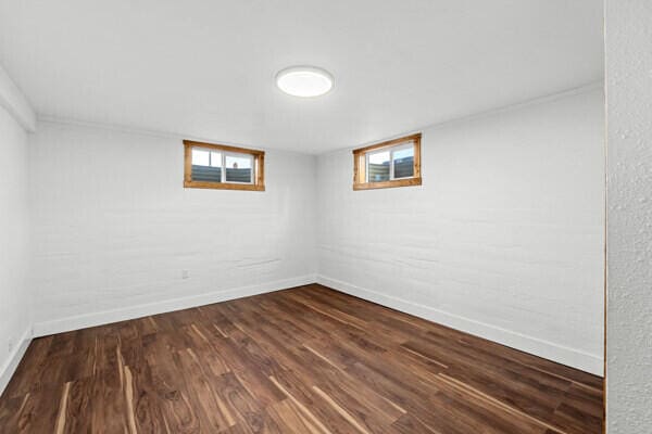 basement with dark wood-type flooring and plenty of natural light