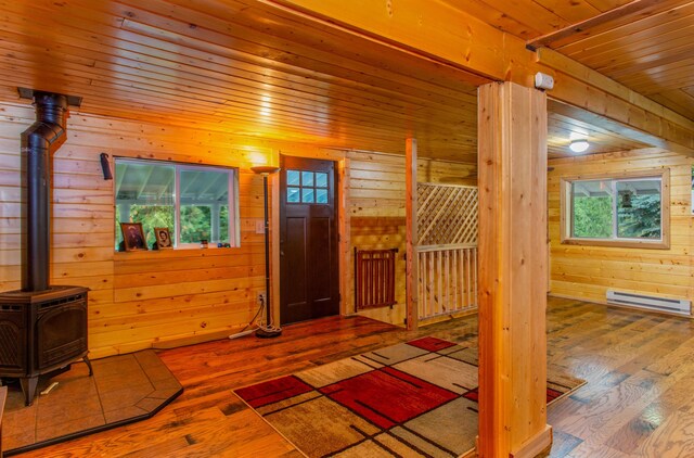 interior space featuring hardwood / wood-style flooring, a wood stove, plenty of natural light, and wooden walls