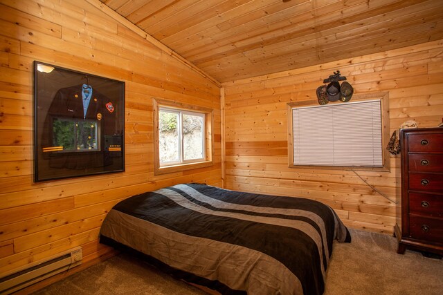 carpeted bedroom featuring a baseboard radiator, wooden walls, wood ceiling, and vaulted ceiling