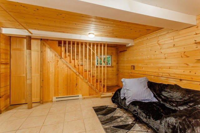 interior space featuring wood walls, wooden ceiling, and baseboard heating