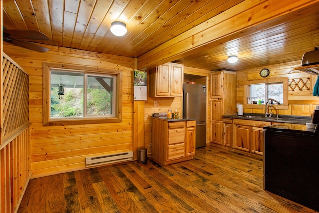 kitchen with wood ceiling, sink, a baseboard radiator, and stainless steel fridge