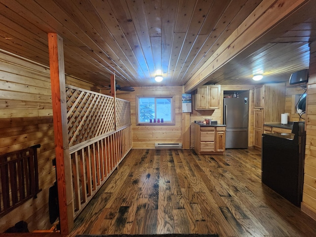 kitchen with wooden ceiling, a baseboard radiator, wood walls, and stainless steel refrigerator