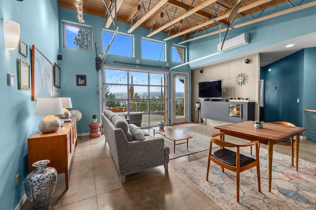living room with concrete floors, a wall mounted AC, wooden ceiling, a high ceiling, and beam ceiling