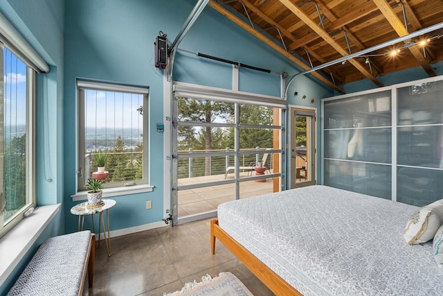 bedroom featuring high vaulted ceiling, wooden ceiling, baseboards, and beam ceiling