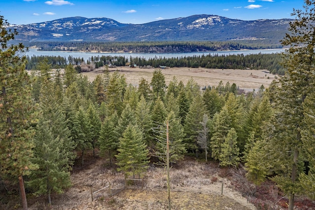 mountain view featuring a wooded view and a water view