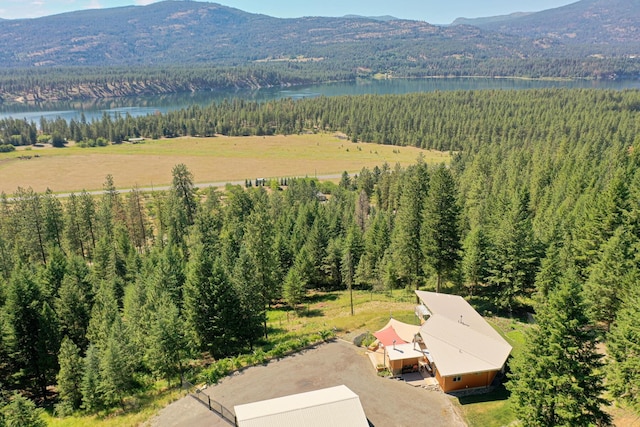 birds eye view of property with a wooded view and a water and mountain view