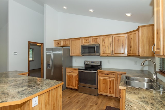 kitchen with stainless steel appliances, high vaulted ceiling, sink, and light hardwood / wood-style floors