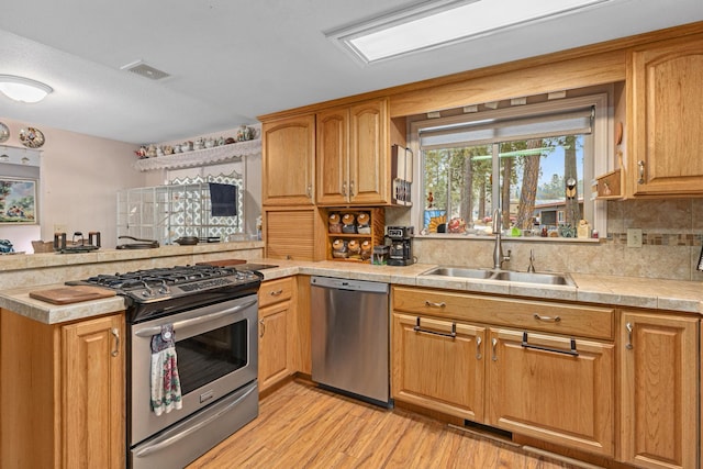 kitchen with sink, backsplash, light wood-type flooring, and stainless steel appliances