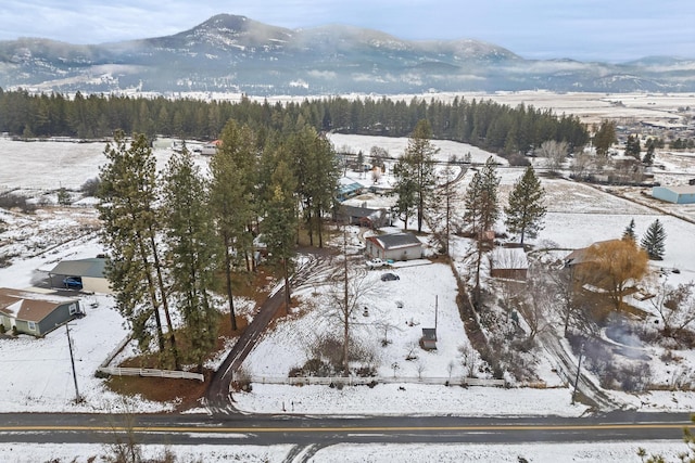 snowy aerial view with a mountain view