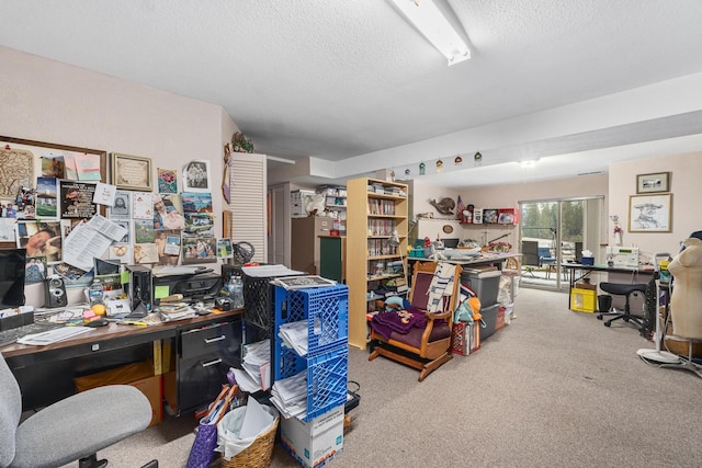 carpeted office with a textured ceiling