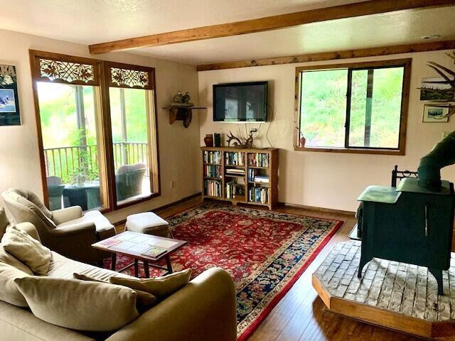 59 Bisbee Creek Ln, Kettle Falls, WA 99141 - living room featuring plenty of natural light, beam ceiling, and wood finished floors