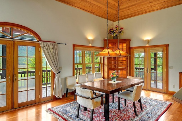 dining area with high vaulted ceiling, wooden ceiling, french doors, and wood finished floors