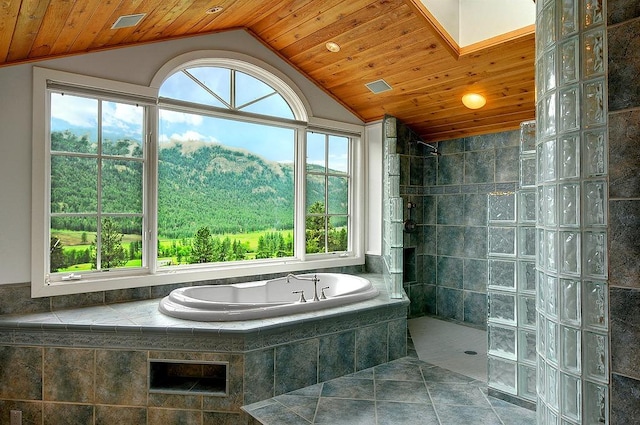 bathroom featuring a garden tub, a walk in shower, vaulted ceiling, and wooden ceiling