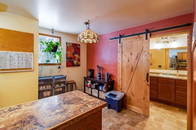 interior space featuring sink and a barn door