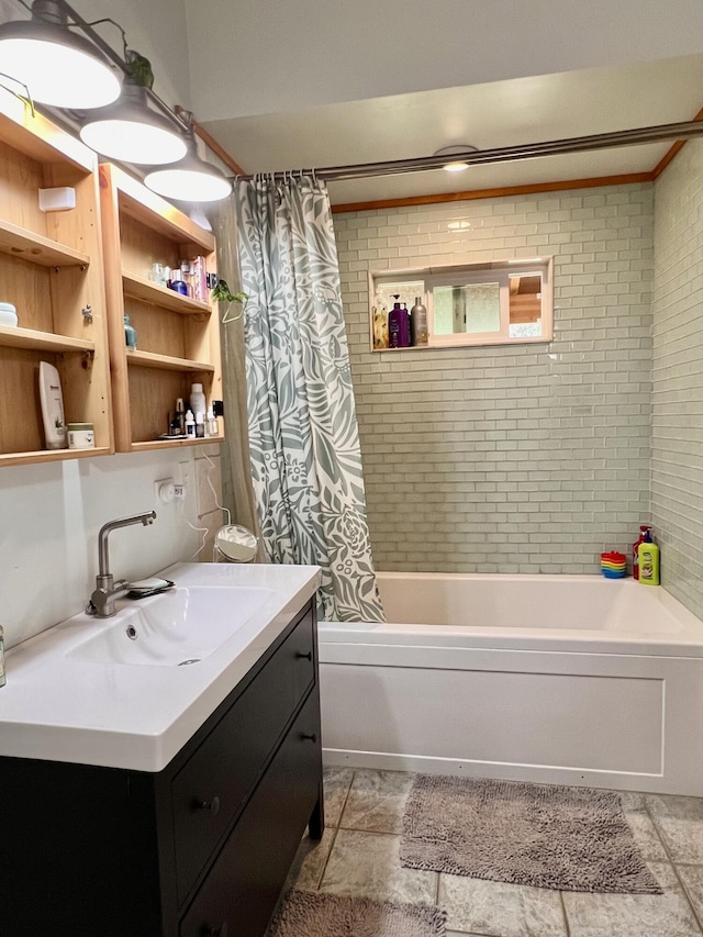 full bath with vanity and shower / bath combination with curtain