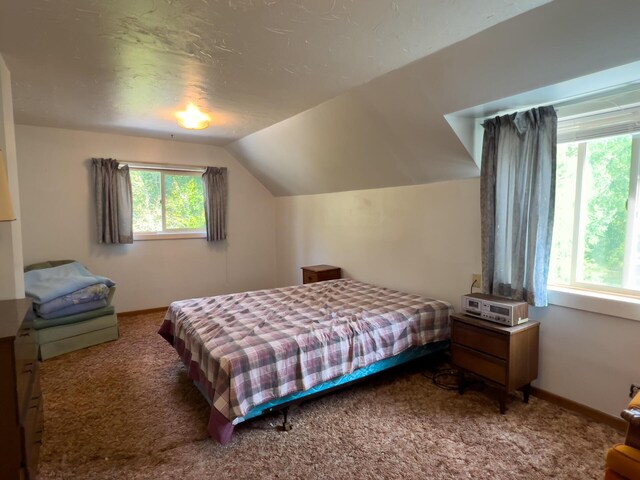 carpeted bedroom featuring multiple windows and vaulted ceiling