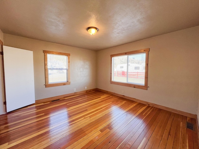 spare room with plenty of natural light, a textured ceiling, and light wood-type flooring