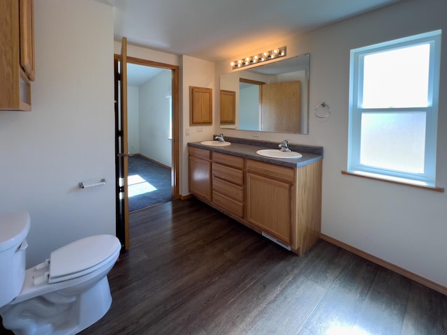 full bathroom featuring double vanity, wood finished floors, a sink, and toilet