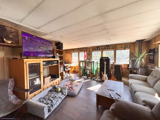 living room with hardwood / wood-style flooring and wooden walls