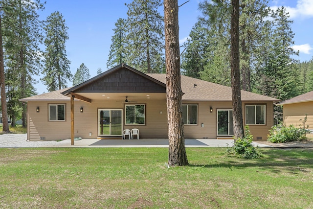 231 Hogans Way, Chewelah, WA 99109 - rear view of property with a ceiling fan, a patio, a yard, and crawl space