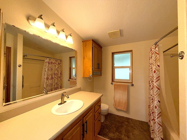 49 Sandpiper Way, Republic, WA 99166 - bathroom featuring toilet, vanity, curtained shower, and a textured ceiling