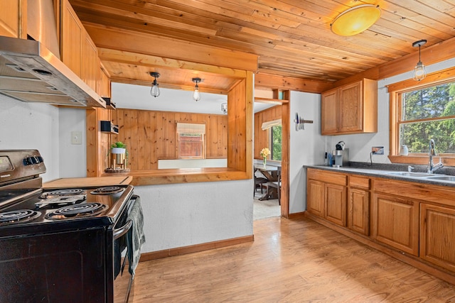 2184 Clugston Onion Creek Rd, Colville, WA 99114 - kitchen featuring electric range, wall chimney exhaust hood, wooden ceiling, light wood-style floors, and brown cabinetry