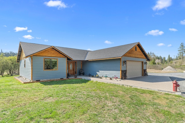 ranch-style house featuring concrete driveway, a front yard, and a garage