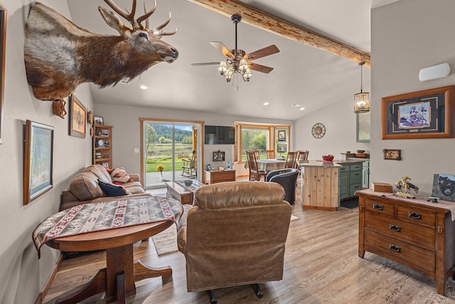 living area featuring recessed lighting, ceiling fan, vaulted ceiling with beams, and light wood finished floors