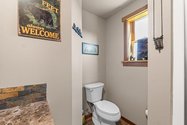 bathroom with baseboards, toilet, and wood finished floors