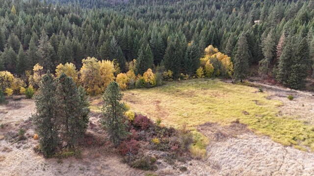 drone / aerial view with a wooded view