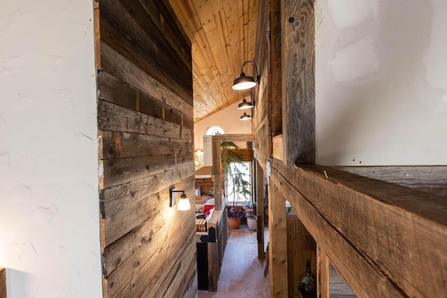 4004 N P Northport Flat Creek Rd, Northport, WA 99157 - corridor with lofted ceiling, wooden walls, and wood ceiling