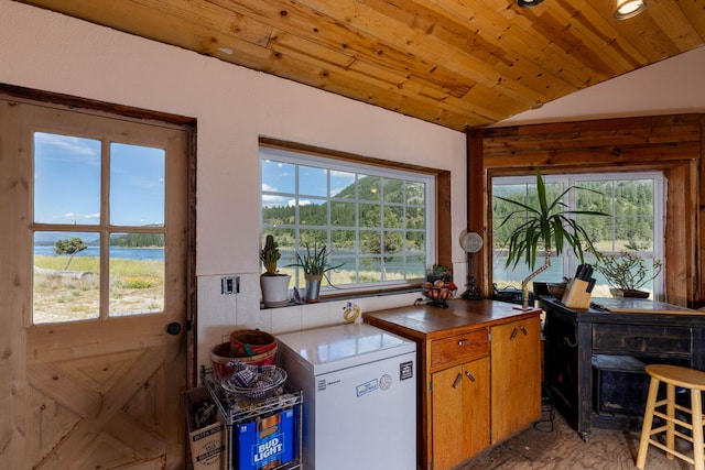 4004 N P Northport Flat Creek Rd, Northport, WA 99157 - kitchen featuring wood ceiling, a water view, vaulted ceiling, white refrigerator, and dark countertops