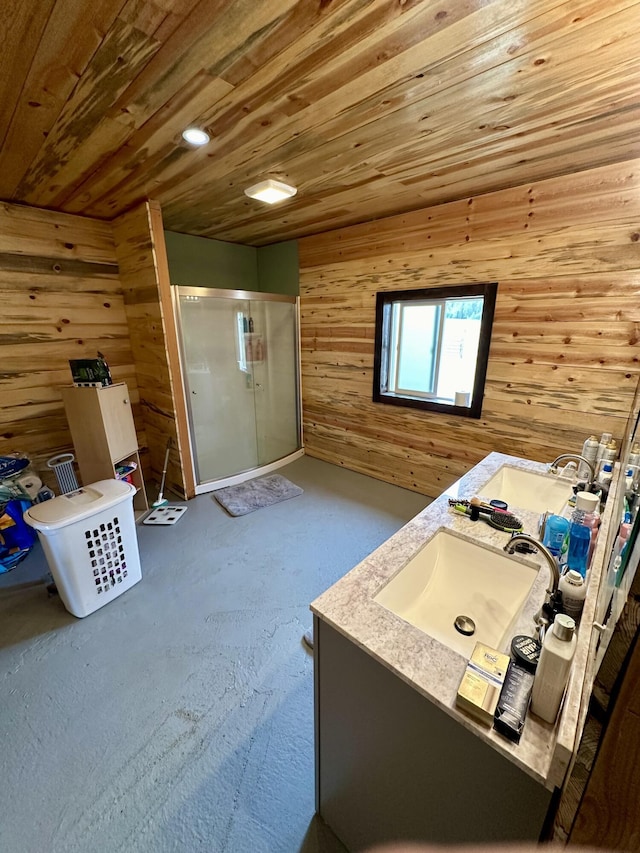 6171 Coyote Canyon Rd Unit L, Fruitland, WA 99129 - bathroom with wood walls, a stall shower, vanity, and wood ceiling