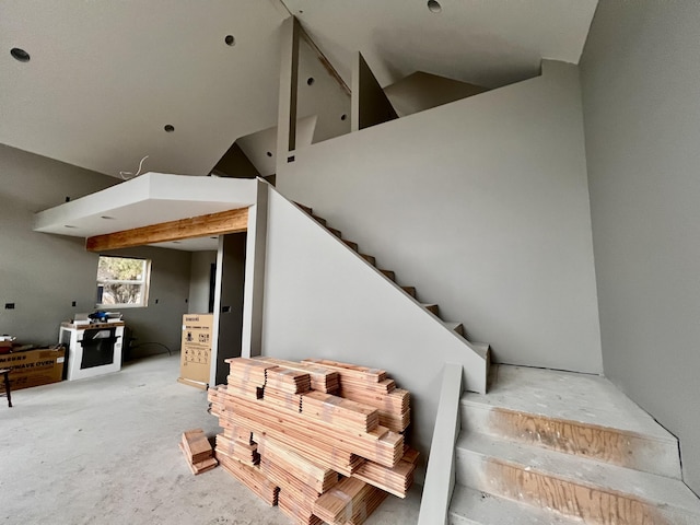 4070 Northport Flat Creek Rd, Northport, WA 99157 - stairway featuring concrete floors and a towering ceiling