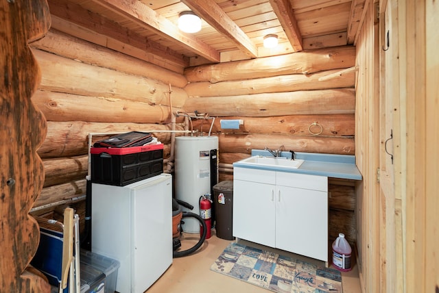 2751 Rathbun Way, Chewelah, WA 99109 - laundry room with a sink, wooden ceiling, rustic walls, and electric water heater