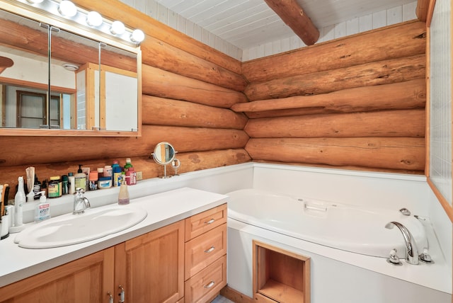 2751 Rathbun Way, Chewelah, WA 99109 - bathroom with vanity, log walls, a garden tub, beamed ceiling, and wooden ceiling