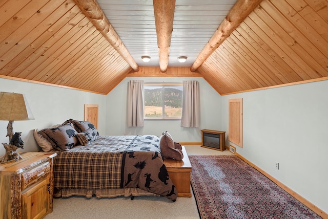 2751 Rathbun Way, Chewelah, WA 99109 - carpeted bedroom featuring lofted ceiling with beams, baseboards, and wooden ceiling