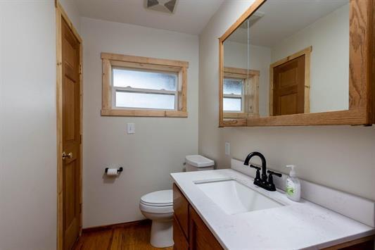 bathroom with toilet, visible vents, wood finished floors, and vanity