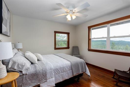 bedroom with baseboards, a ceiling fan, and wood finished floors